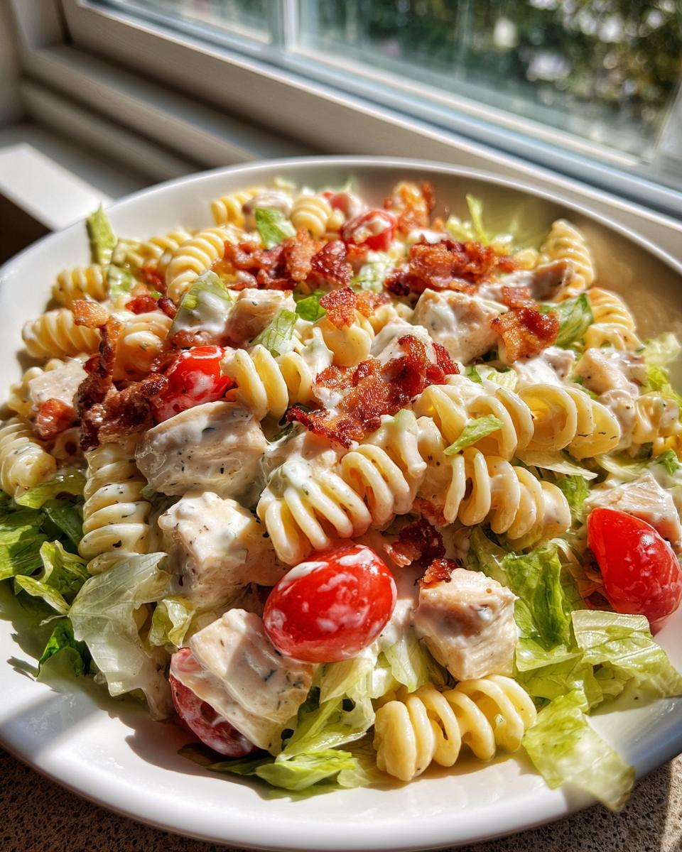 A close-up of a bowl of creamy chicken BLT pasta salad featuring rotini pasta, chicken chunks, bacon, and cherry tomatoes.