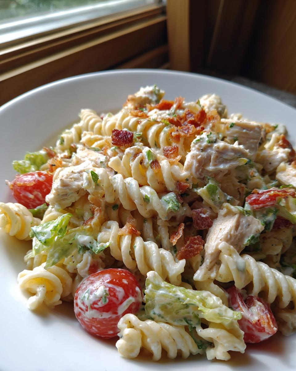 Close-up of a creamy chicken BLT pasta salad featuring rotini pasta, chunks of chicken, cherry tomatoes, and bacon bits.