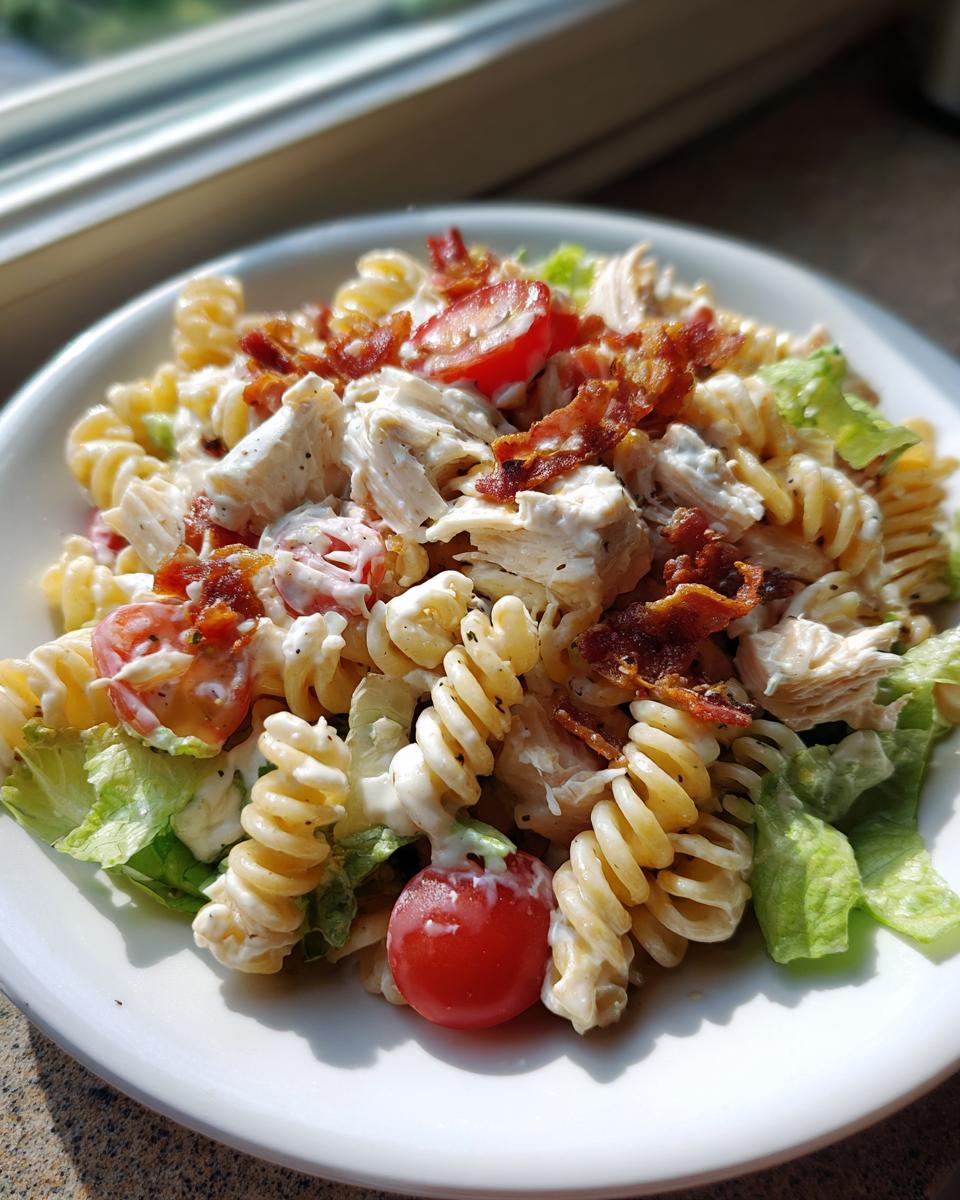 A close-up of a white bowl filled with creamy chicken BLT pasta salad, featuring rotini pasta, shredded chicken, bacon, and cherry tomatoes.