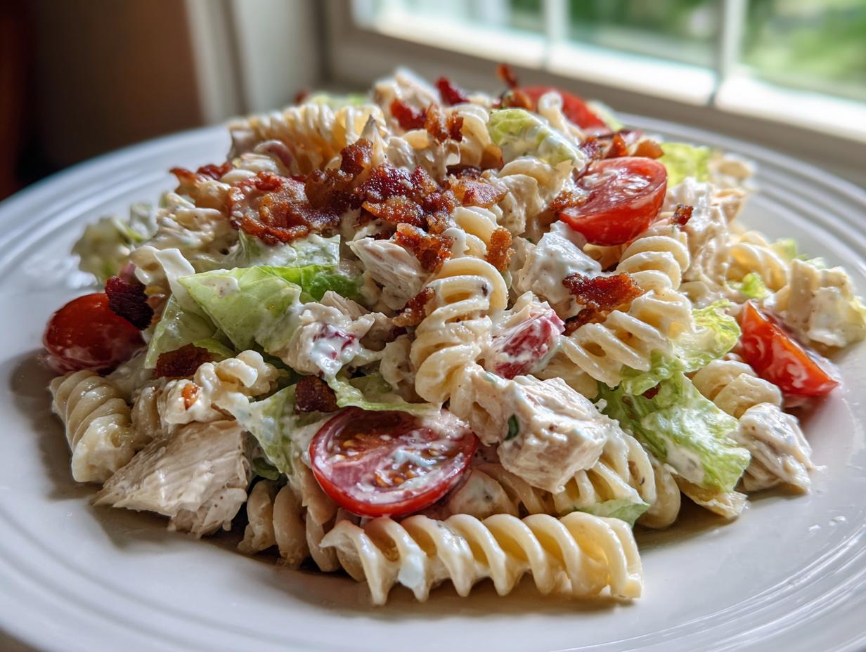 Close-up of a creamy chicken BLT pasta salad featuring rotini pasta, chicken chunks, lettuce, and halved cherry tomatoes.