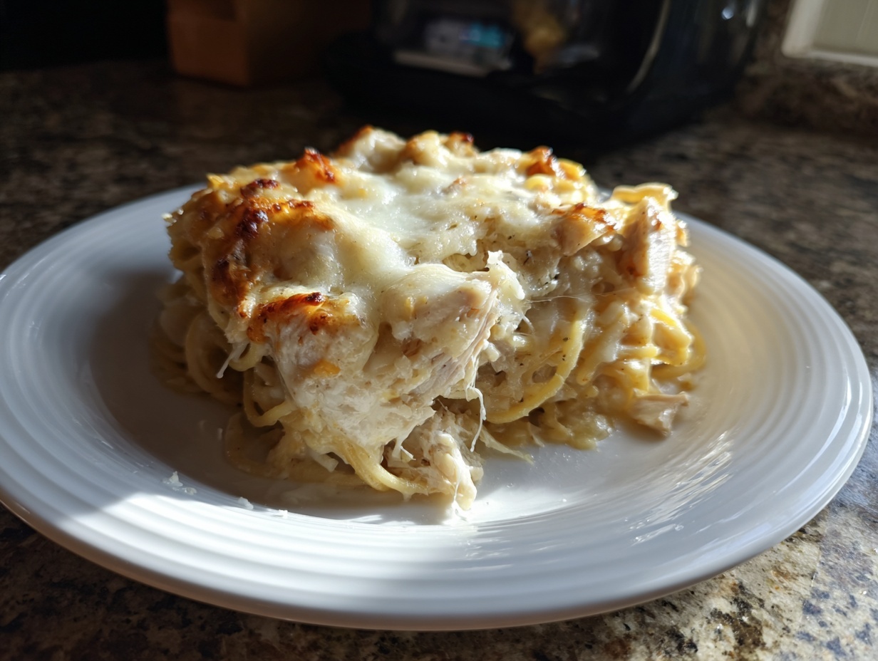 A generous serving of creamy chicken spaghetti casserole topped with melted, browned cheese on a white plate.