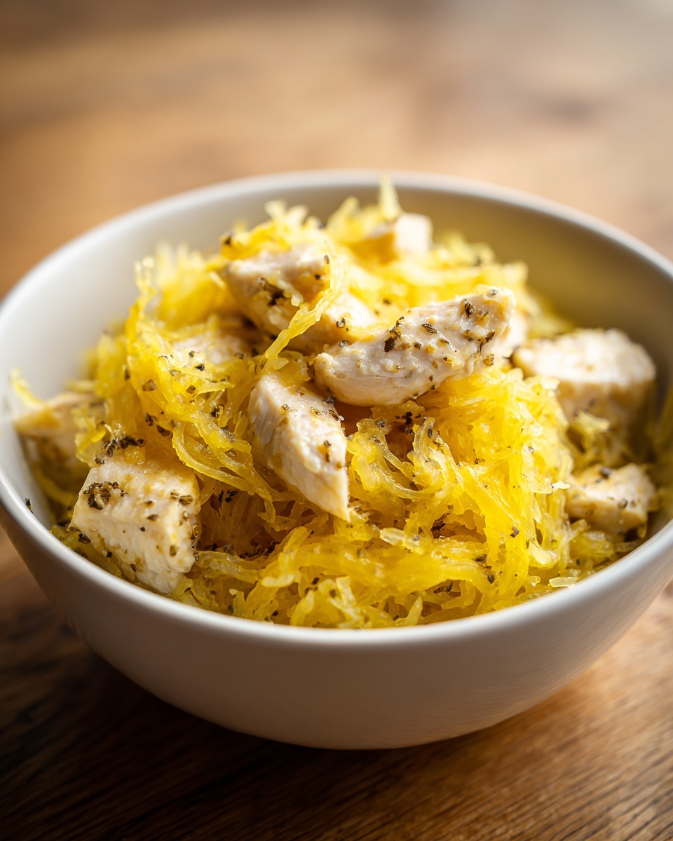 Close-up of a white bowl filled with bright yellow chicken spaghetti squash tossed with herbs.