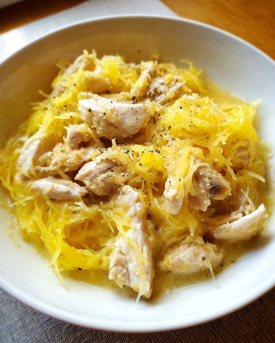 Close-up of creamy chicken spaghetti squash served in a white bowl, topped with black pepper.