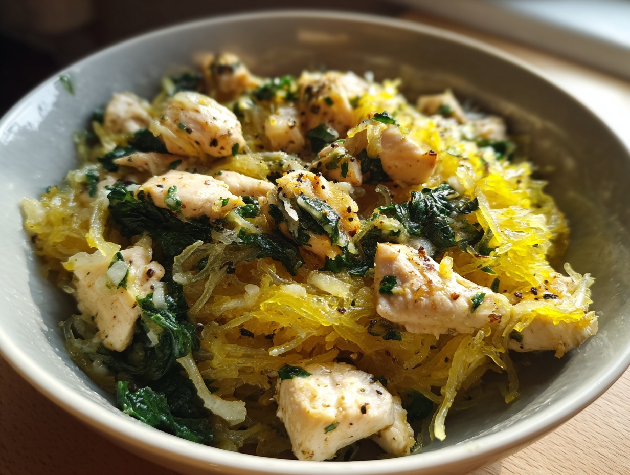 Close-up of a bowl filled with bright yellow chicken spaghetti squash mixed with wilted spinach and herbs.