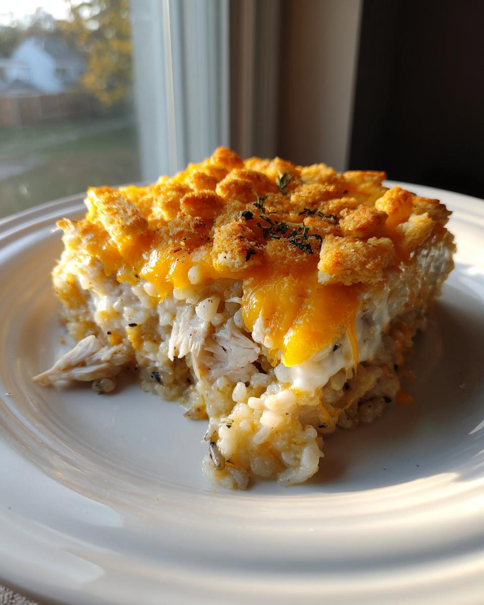 A close-up serving of creamy chicken wild rice casserole topped with melted cheddar cheese and croutons.