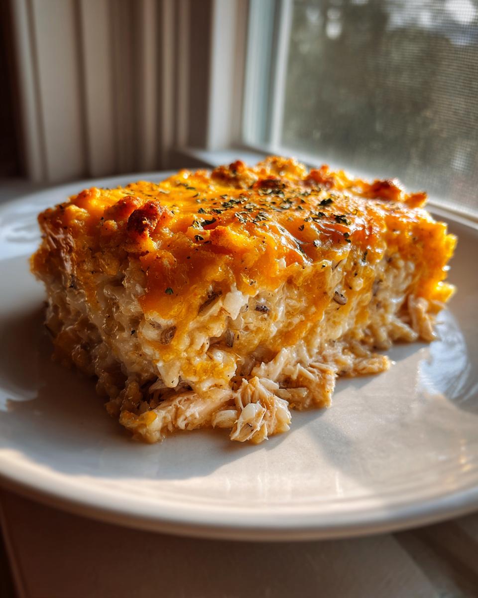 A thick, golden slice of chicken wild rice casserole topped with melted cheddar cheese and herbs.