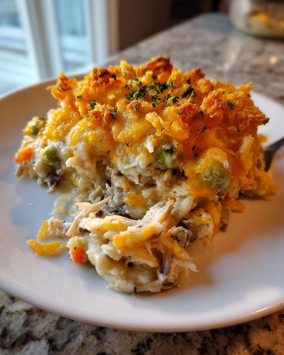 A close-up serving of creamy chicken wild rice casserole topped with melted cheddar and crispy breadcrumbs.
