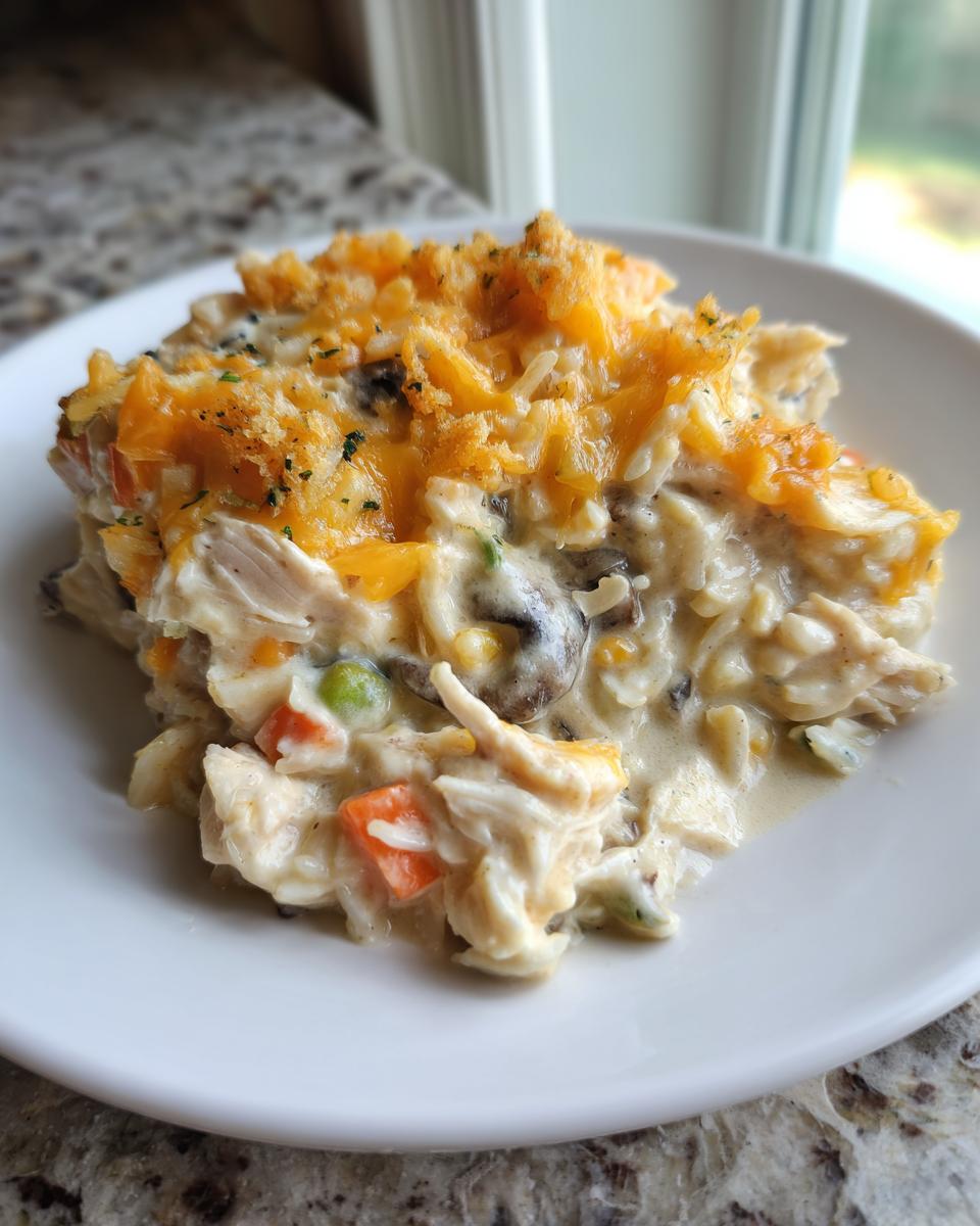 A close-up serving of creamy chicken wild rice casserole topped with melted cheddar cheese and parsley.
