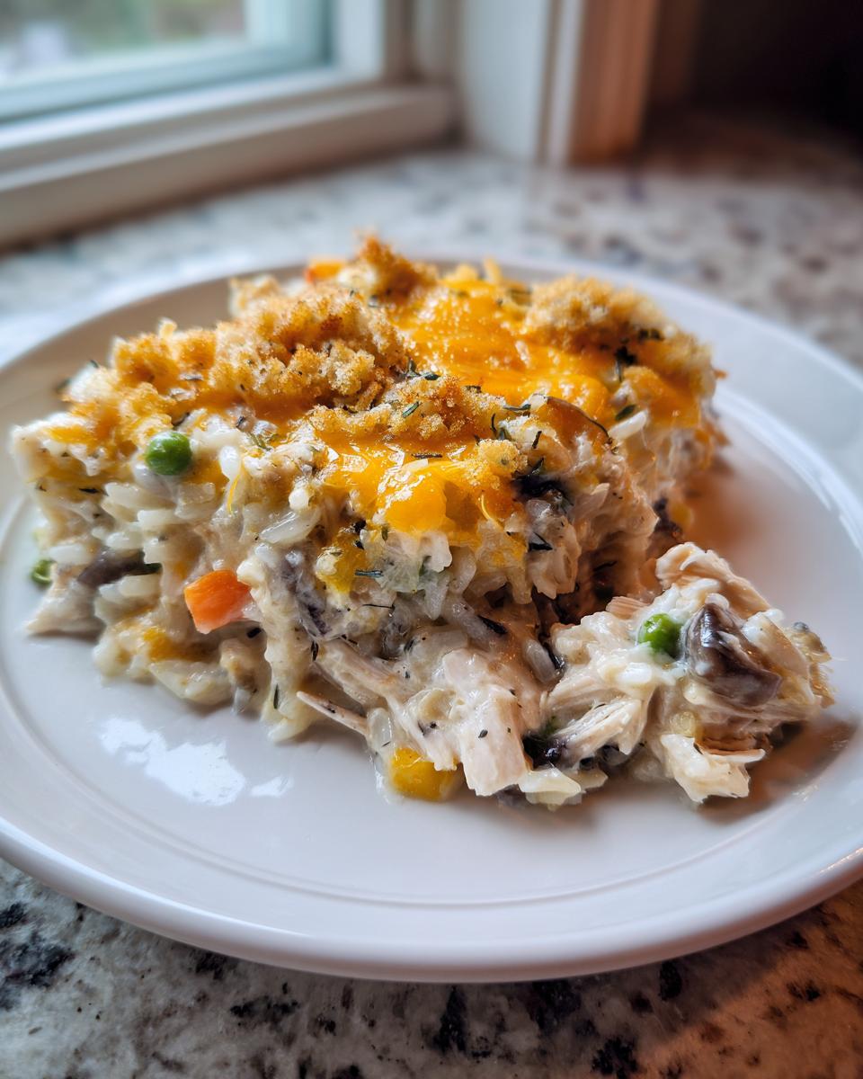 A close-up serving of creamy chicken wild rice casserole topped with melted cheddar cheese and breadcrumbs.