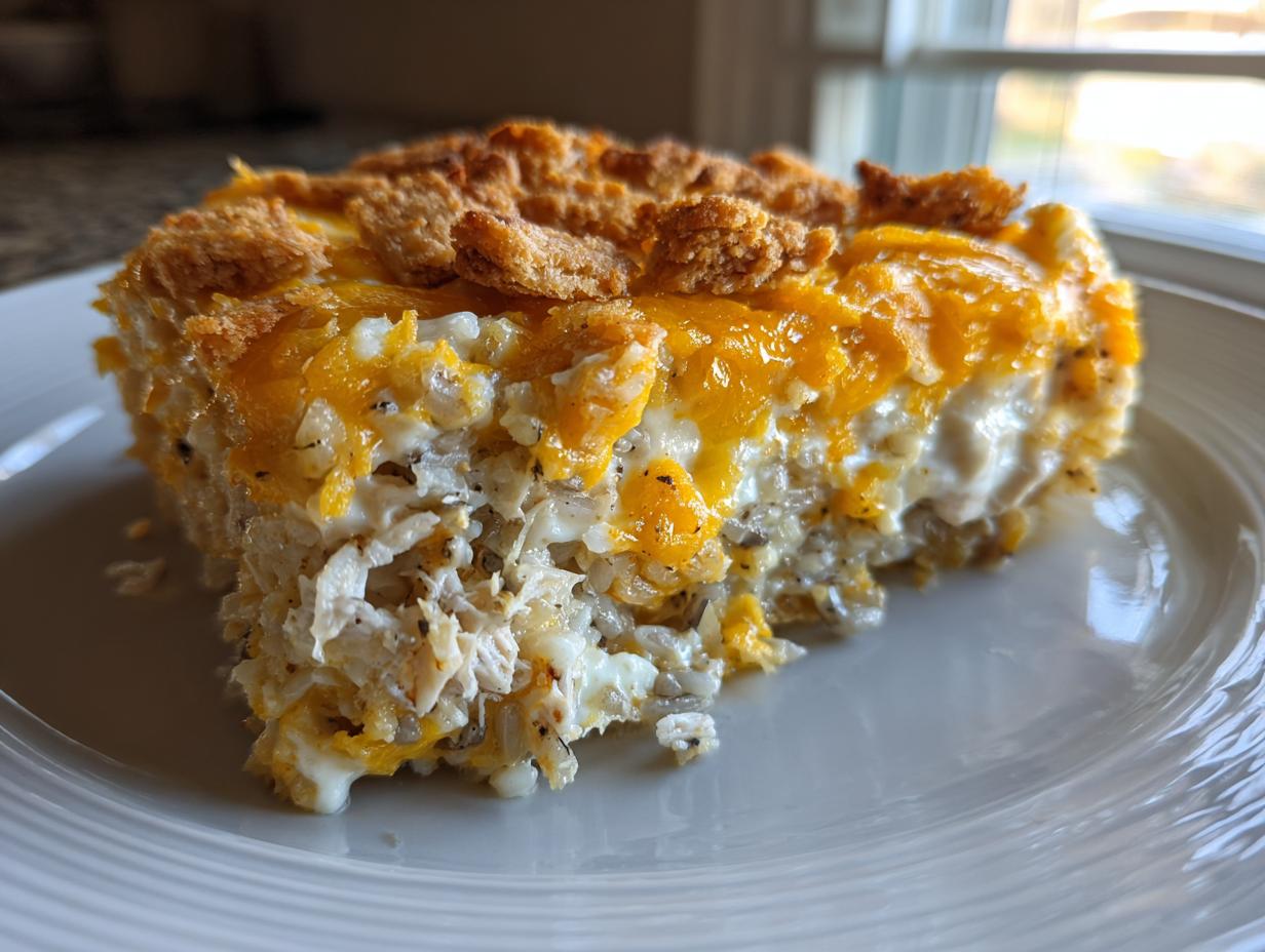 A close-up of a serving of creamy chicken wild rice casserole topped with melted cheddar cheese and crunchy topping.
