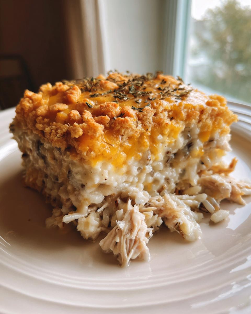 A square serving of creamy chicken wild rice casserole paula deen style with a cheesy, crumbly topping.