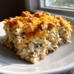 A close-up serving of creamy chicken wild rice casserole paula deen style, topped with melted cheddar and croutons.