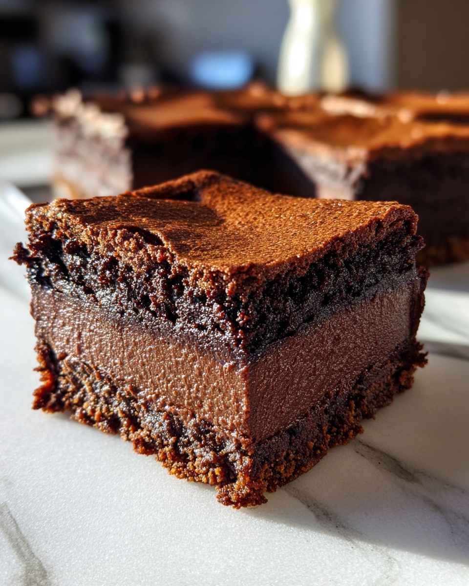 A decadent square of chocolate cheesecake bars showing a dark crust, creamy filling, and fudgy top layer.