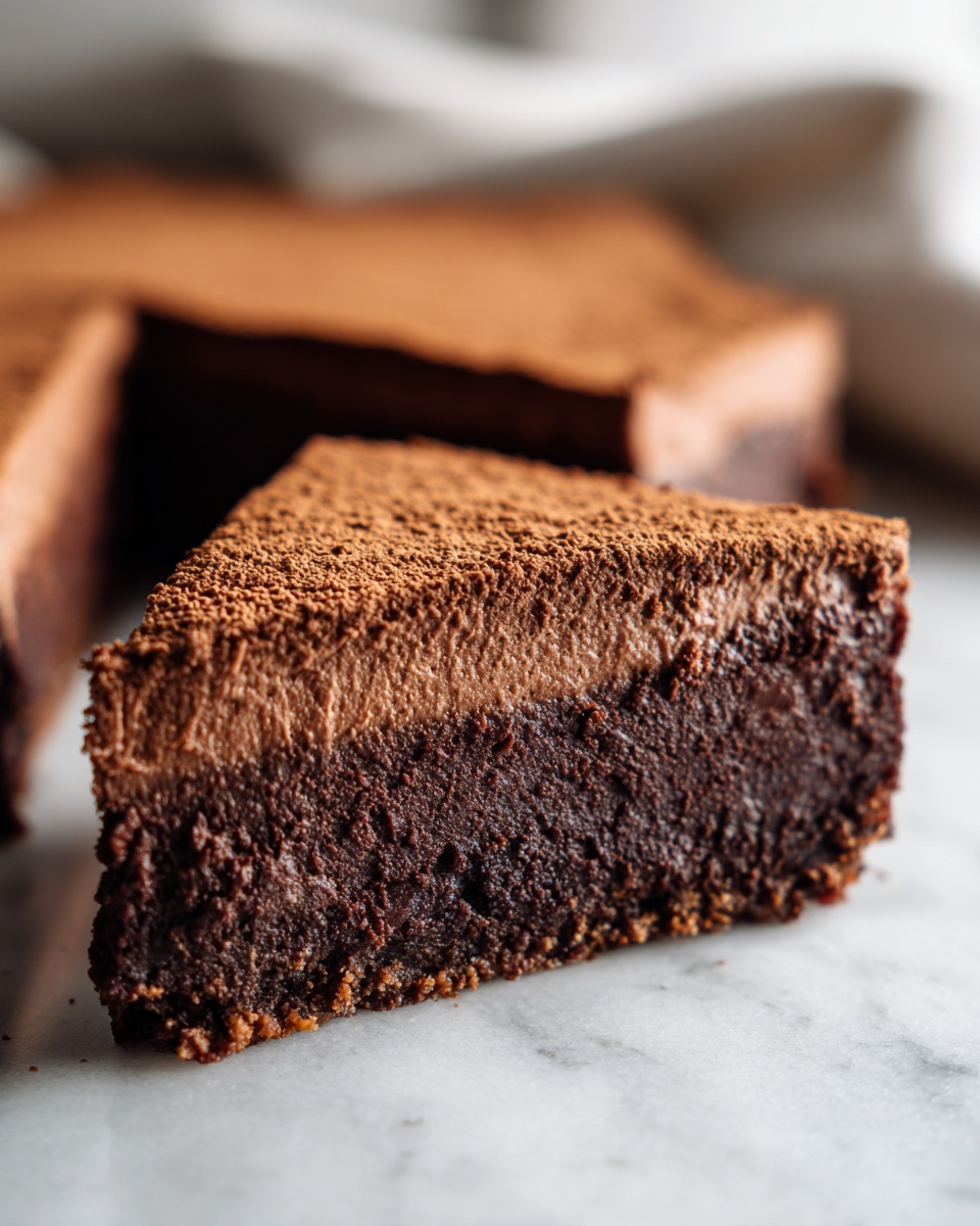 A decadent slice of chocolate cheesecake bars showing a dense brownie base and a lighter chocolate mousse layer dusted with cocoa powder.