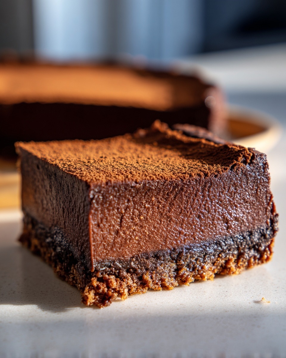 Close-up of a thick, fudgy slice of chocolate cheesecake bars dusted with cocoa powder.
