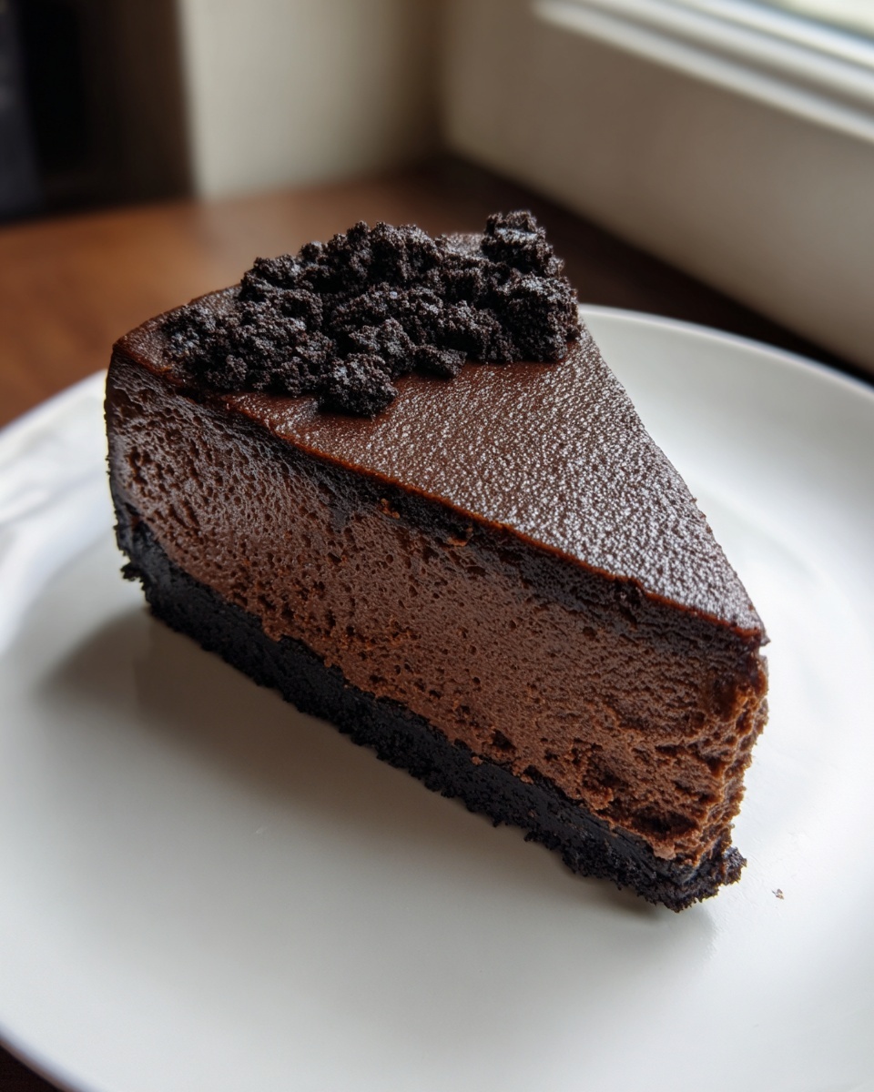 A decadent slice of chocolate cheesecake with a dark crust and crumb topping on a white plate.