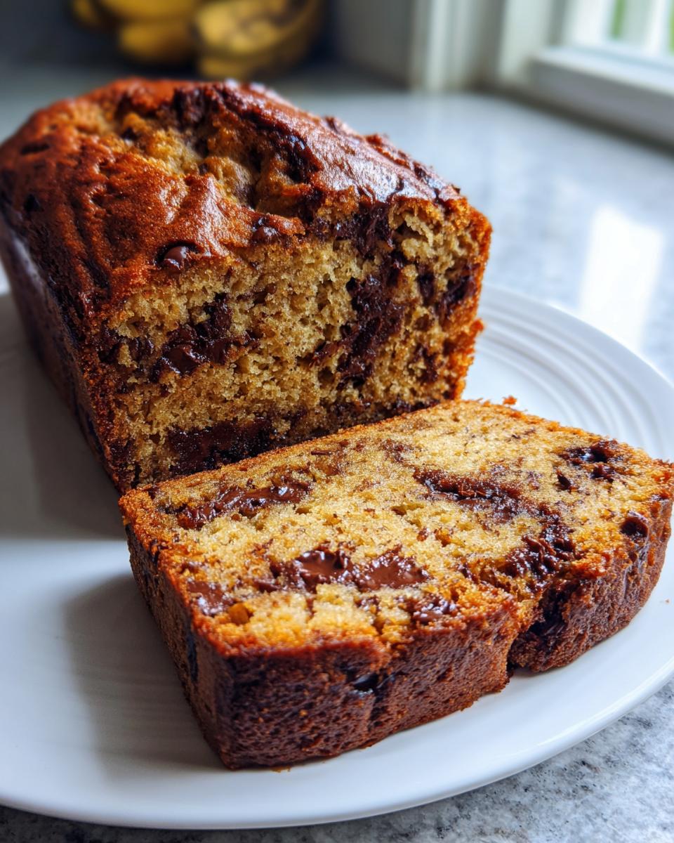 A freshly baked loaf of chocolate chip banana bread with one thick slice cut and resting beside it on a white plate.