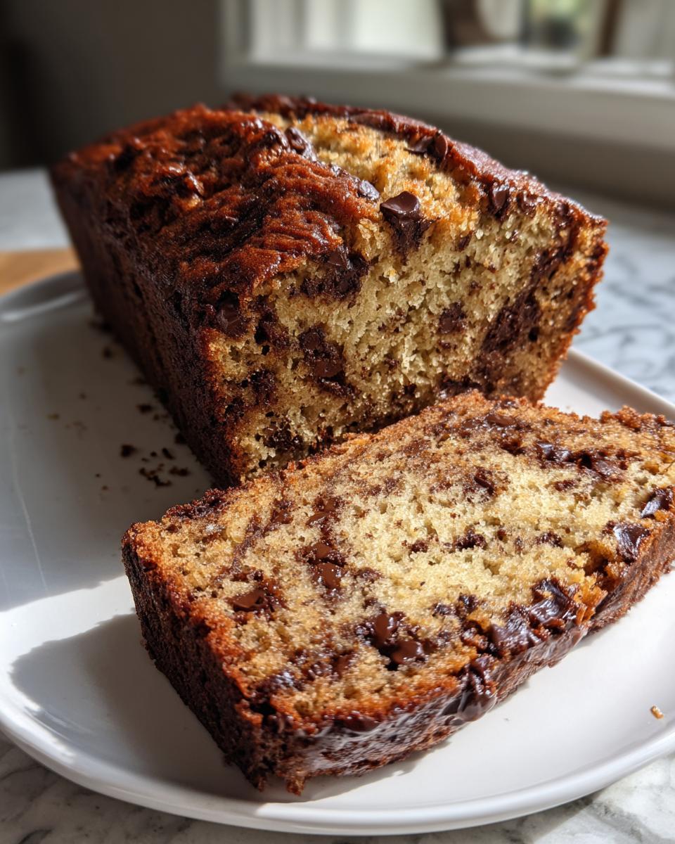 A close-up of a freshly baked chocolate chip banana bread recipe loaf with one thick slice cut and resting on a white plate.