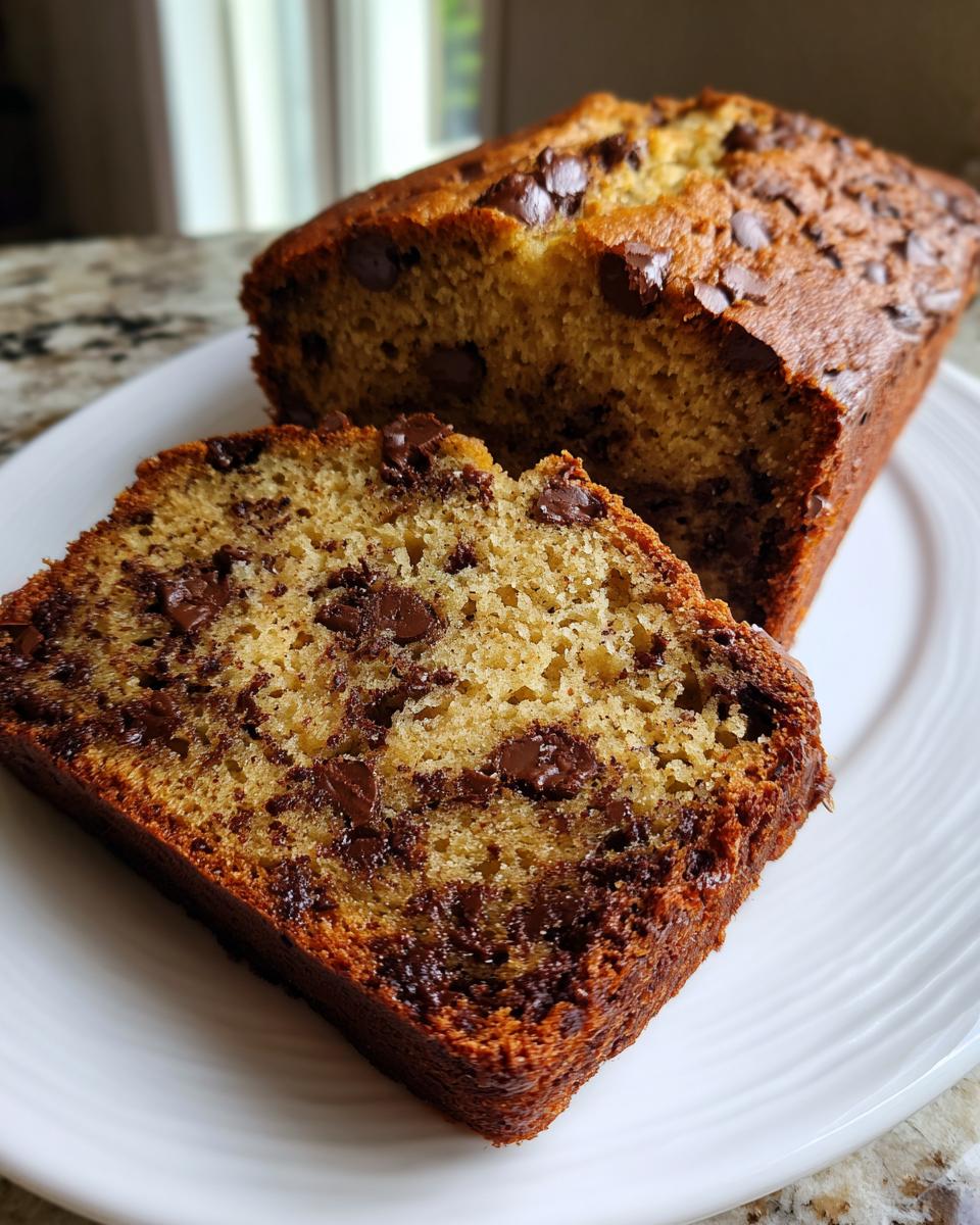 A thick slice cut from a loaf of moist chocolate chip banana bread recipe, served on a white plate.