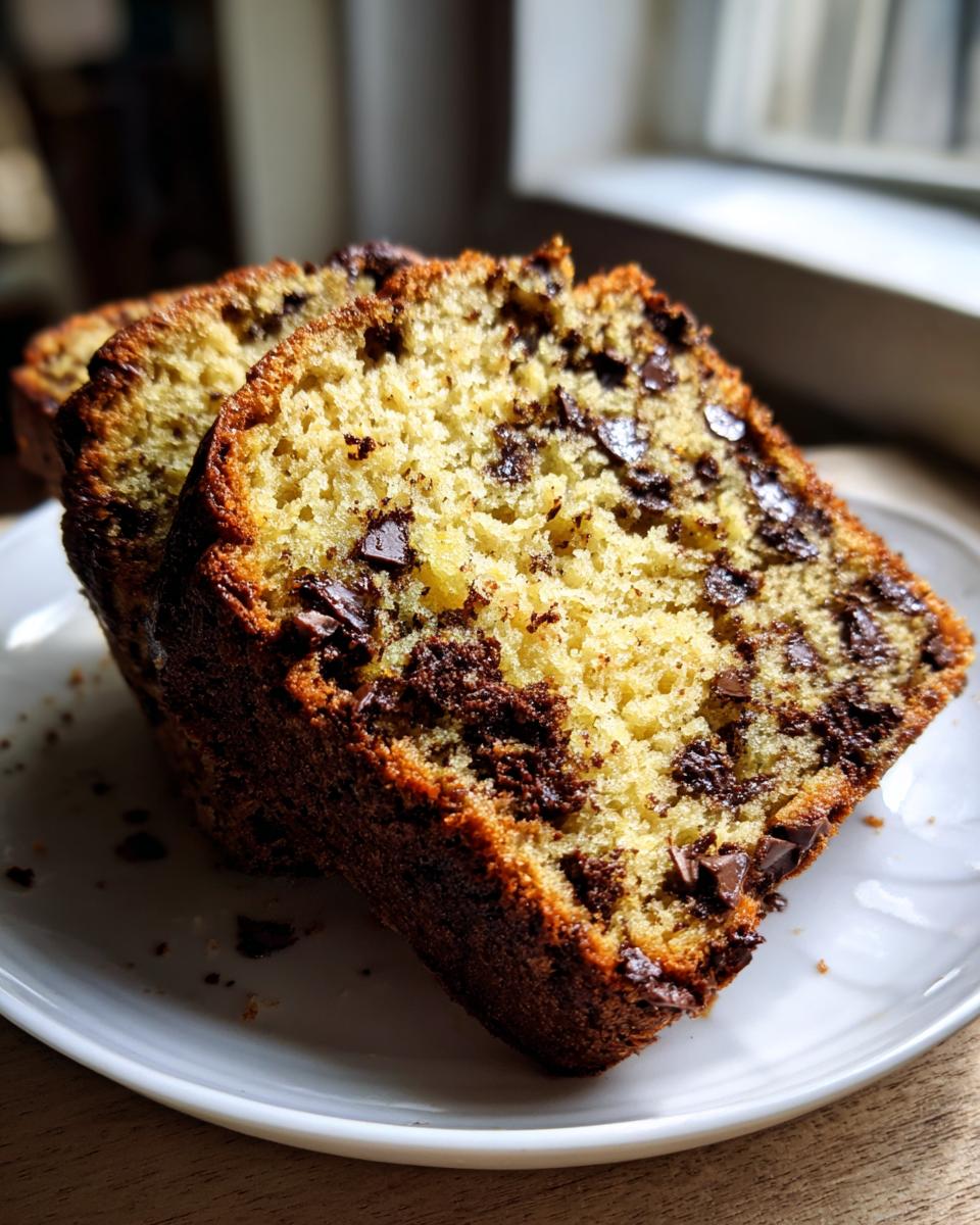 Two thick slices of moist chocolate chip banana bread resting on a white plate.