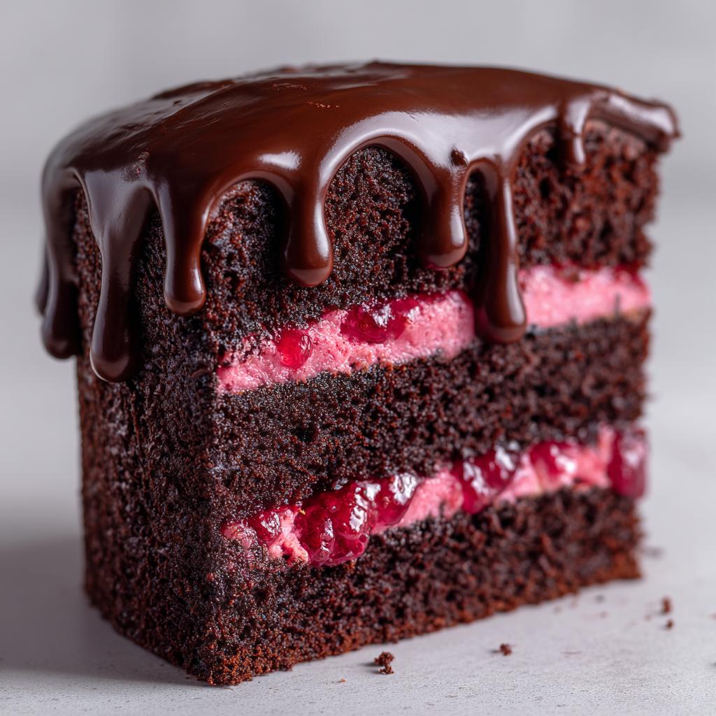 Close-up of a decadent slice of chocolate raspberry cake featuring dark layers, pink filling, and dripping chocolate ganache.