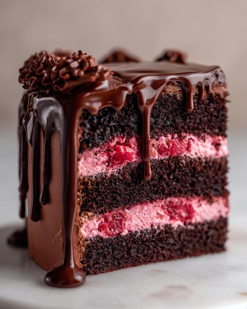 Close-up of a slice of chocolate raspberry cake with dark layers, pink filling, and dripping chocolate ganache.