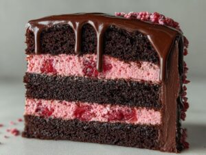 Close-up of a slice of chocolate raspberry cake featuring dark layers, pink filling, and chocolate ganache drip.