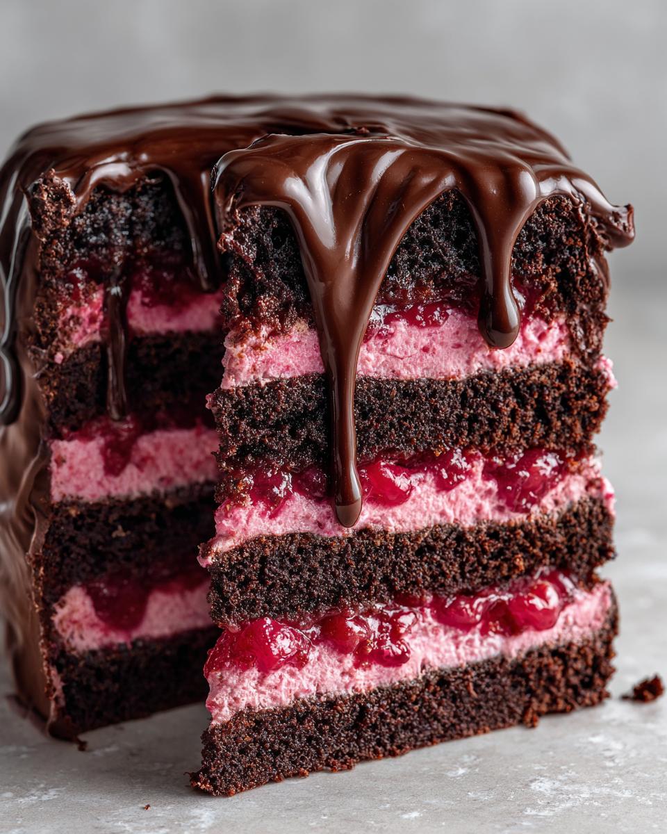 Close-up of a decadent chocolate raspberry cake slice showing dark layers, pink filling, and dripping chocolate ganache.