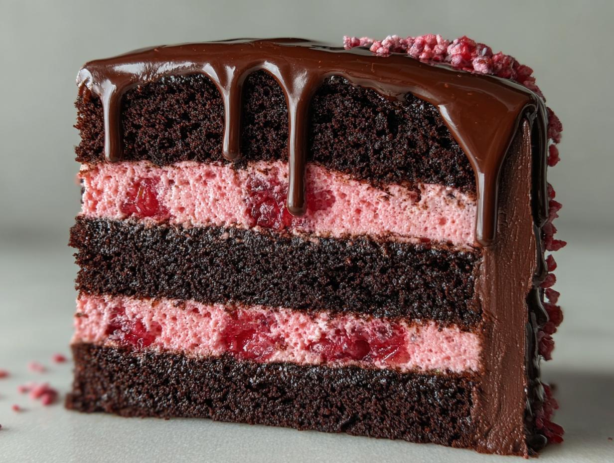 Close-up of a slice of chocolate raspberry cake featuring dark layers, pink filling, and chocolate ganache drip.