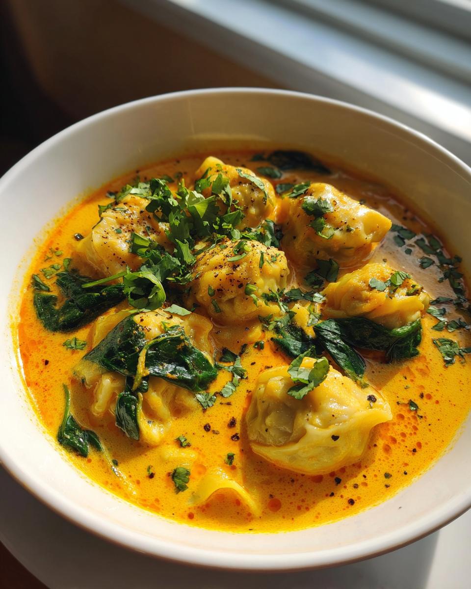 Close-up of a bowl of vibrant coconut curry soup with dumplings, spinach, and fresh cilantro garnish.