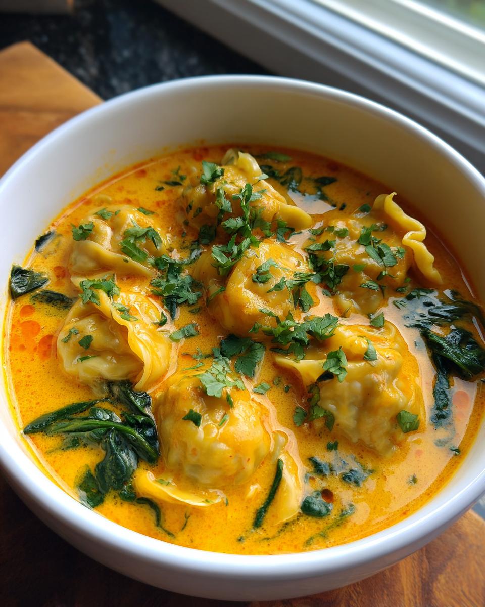 Close-up of vibrant coconut curry soup with dumplings, spinach, and fresh cilantro garnish.