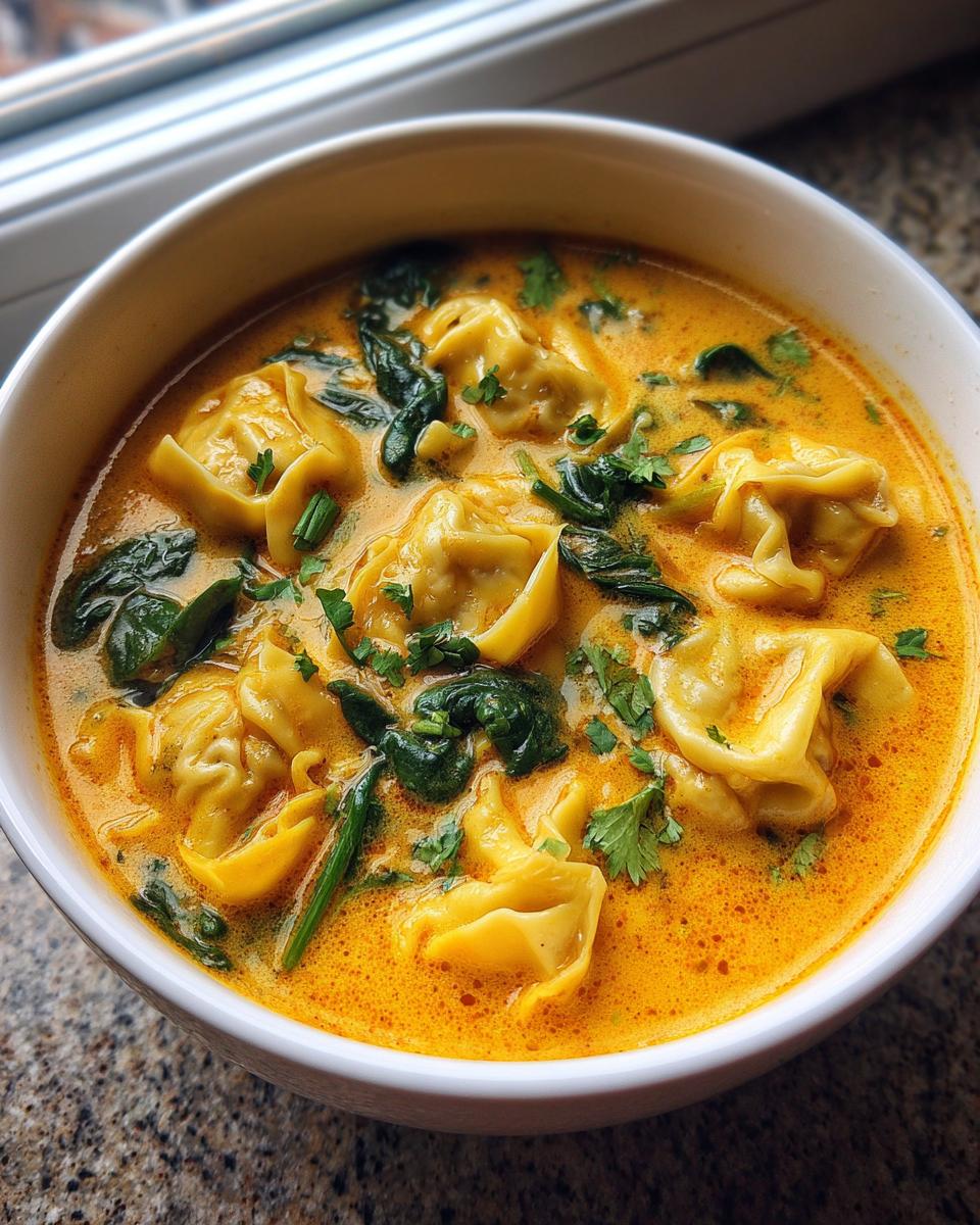 A close-up view of a white bowl filled with rich, orange coconut curry soup with dumplings and wilted spinach.