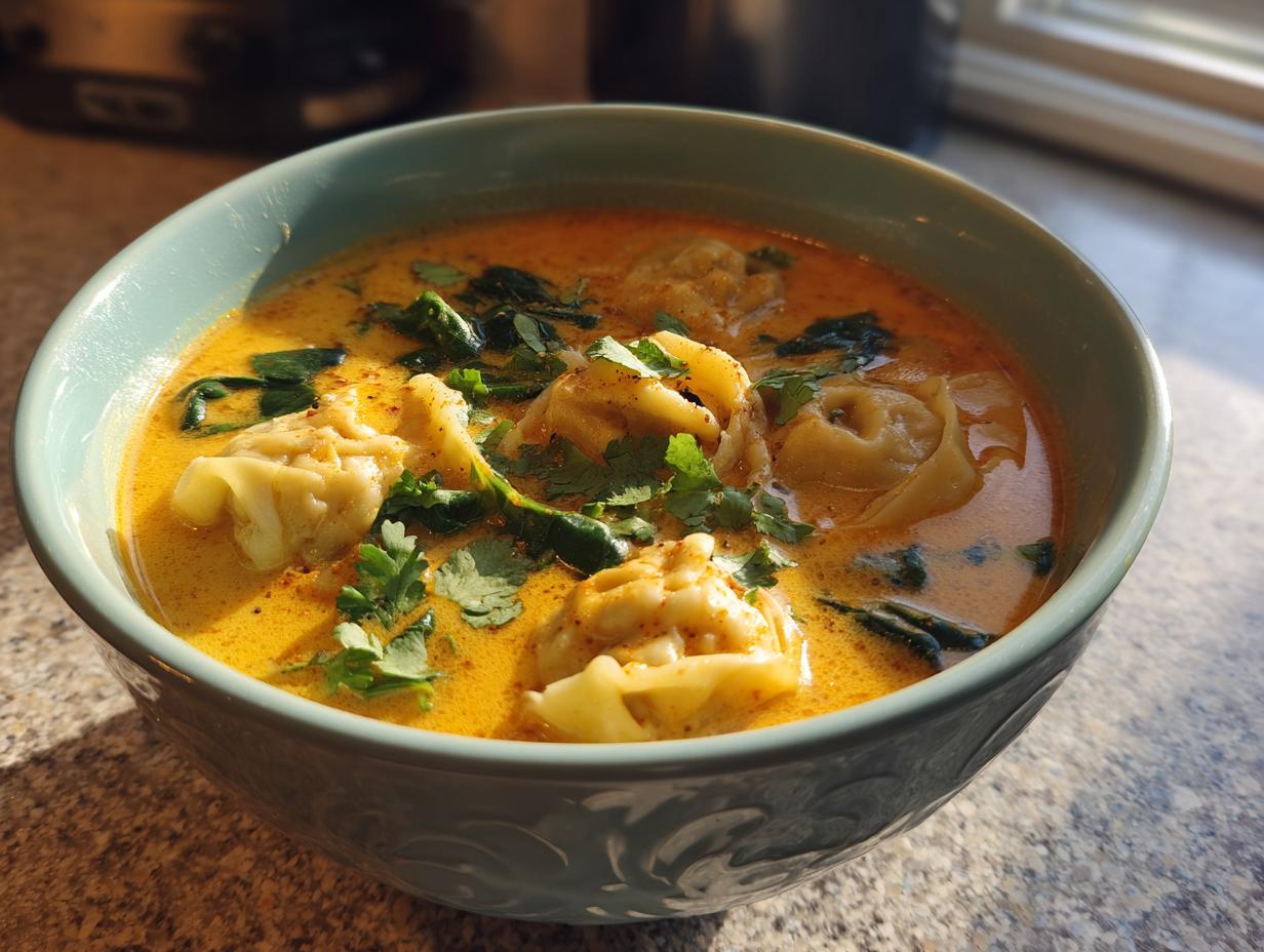 A close-up of vibrant coconut curry soup with dumplings, spinach, and fresh cilantro garnish.