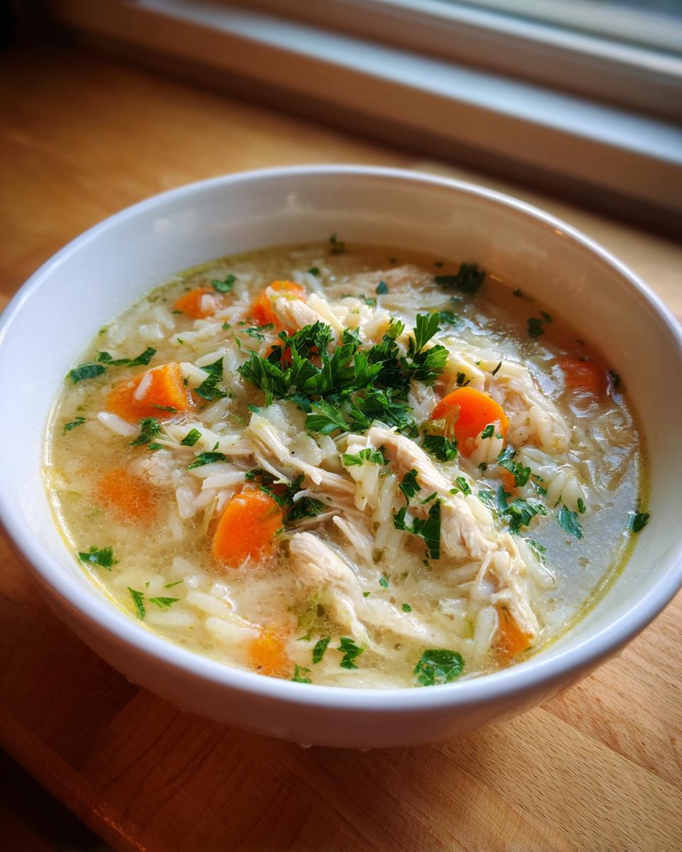 A close-up of a white bowl filled with hot chicken rice soup, featuring shredded chicken, carrots, and fresh parsley.