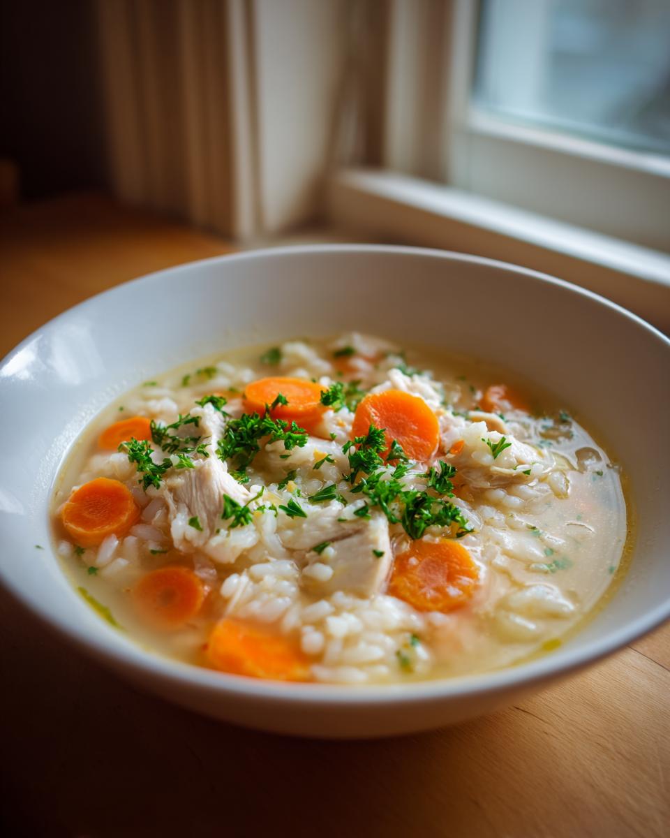 Close-up of a white bowl filled with creamy rice soup, featuring chunks of chicken, bright orange carrots, and fresh parsley garnish.