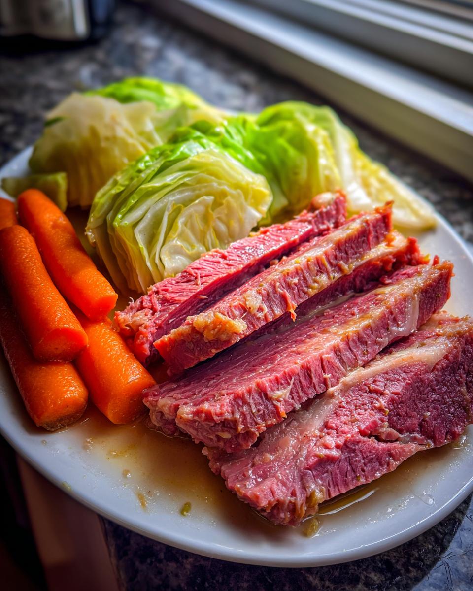 Close-up of sliced corned beef and cabbage with carrots, showcasing the tender texture of the corned beef and cabbage.
