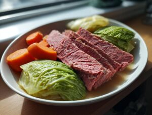 Four slices of tender corned beef and cabbage served with bright orange carrots on a white plate.