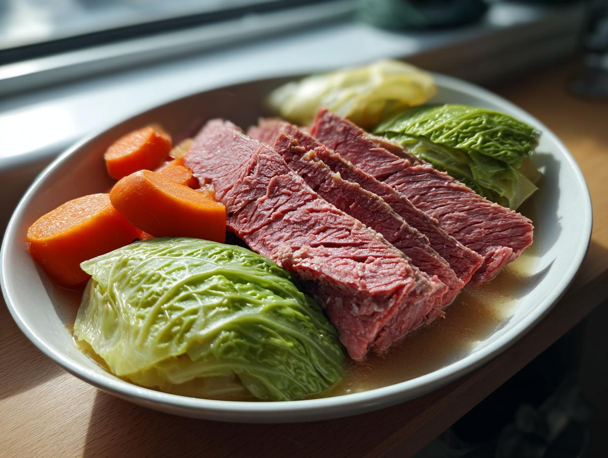 Four slices of tender corned beef and cabbage served with bright orange carrots on a white plate.