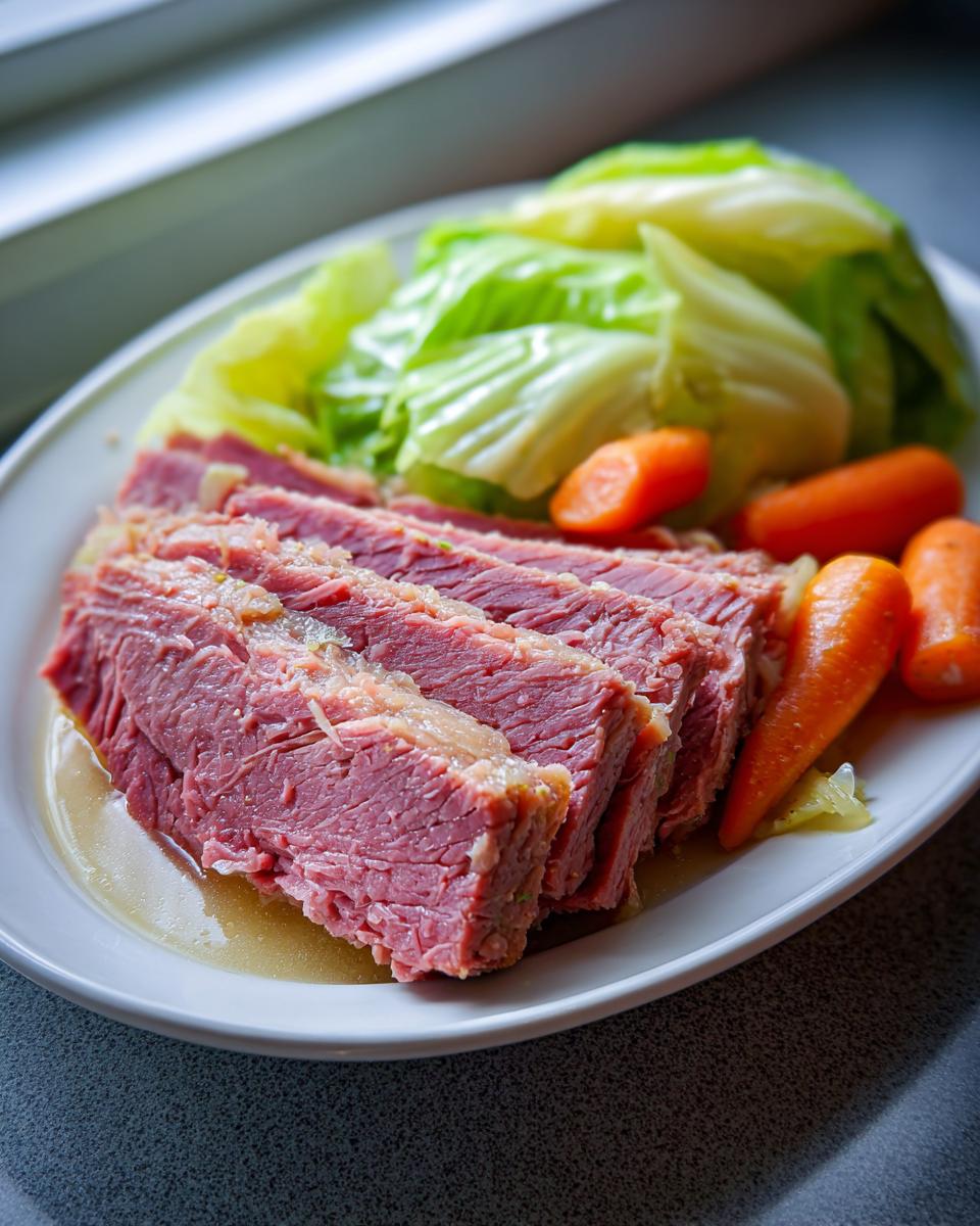 Slices of tender corned beef and cabbage served on a white plate with cooked carrots.
