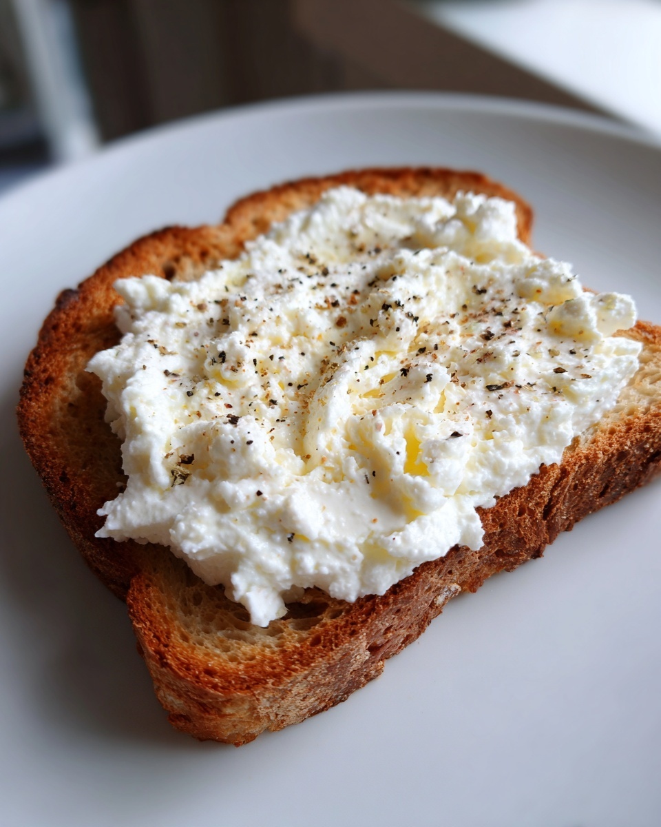 Close-up of a slice of toasted bread generously topped with creamy cottage cheese and black pepper.