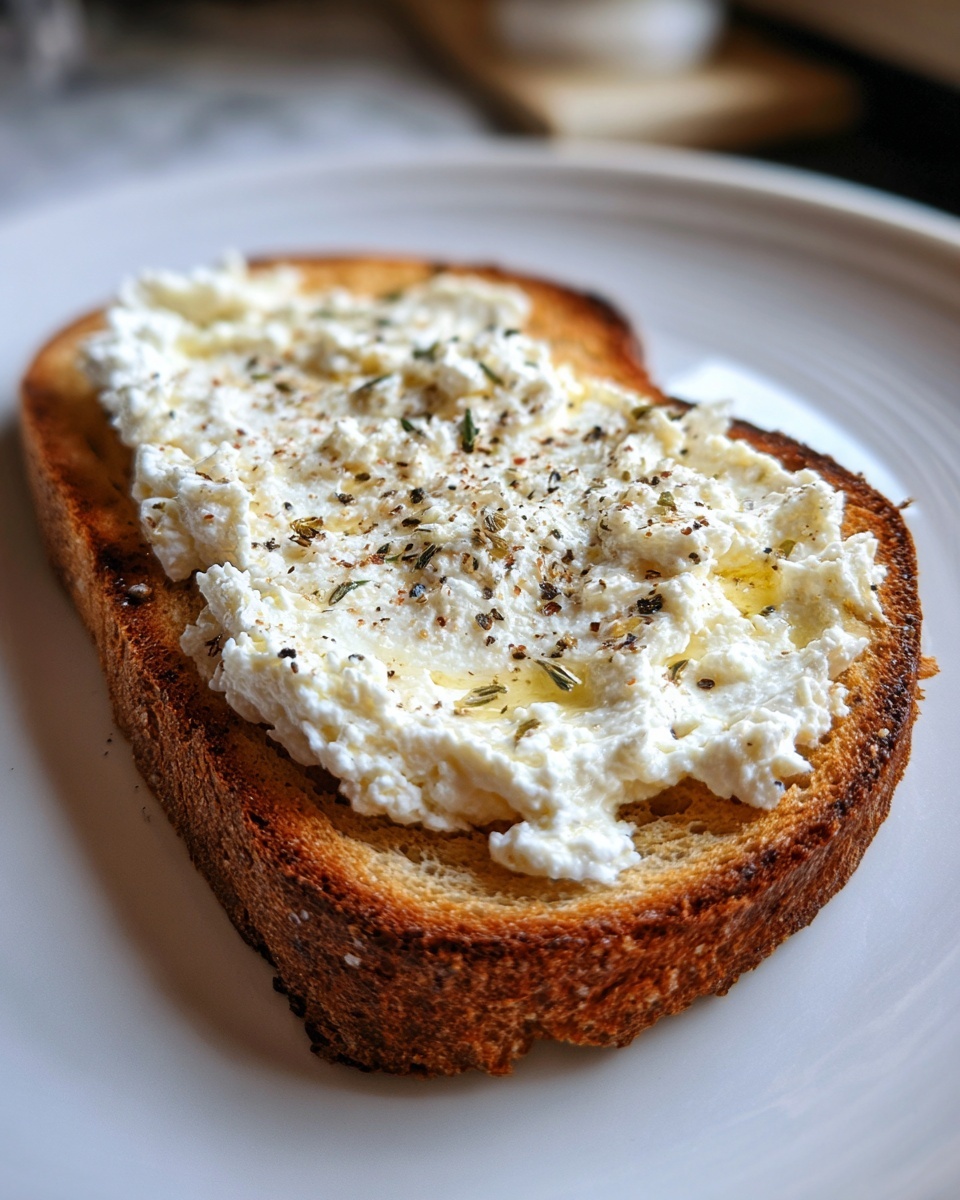 A close-up of thick cottage cheese toast, seasoned with pepper, herbs, and olive oil.