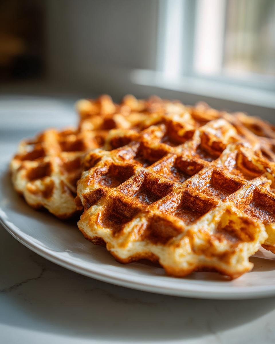 Close-up of golden brown, crispy cottage cheese waffles stacked lightly on a white plate near a window.
