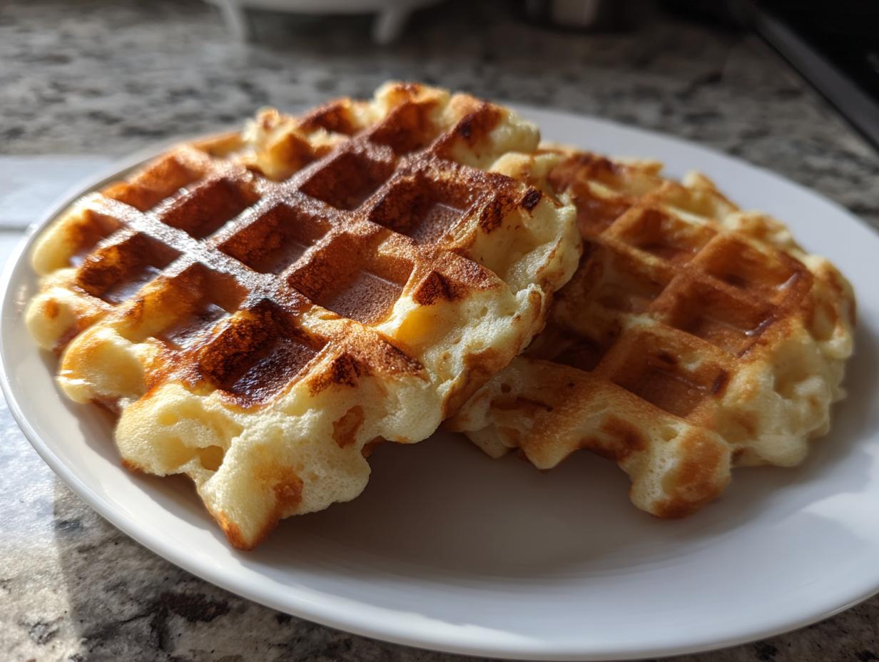Two golden brown cottage cheese waffles stacked slightly on a white plate, ready to eat.