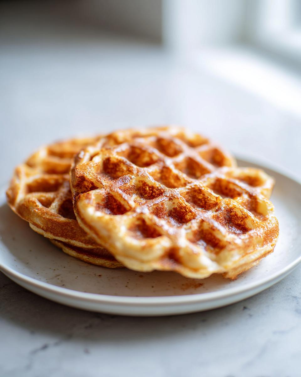 Two golden brown cottage cheese waffles low carb stacked on a light speckled plate near a bright window.