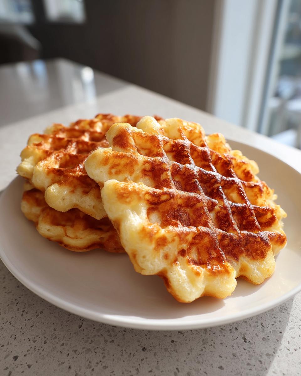 A stack of golden brown cottage cheese waffles low carb resting on a white plate near a window.