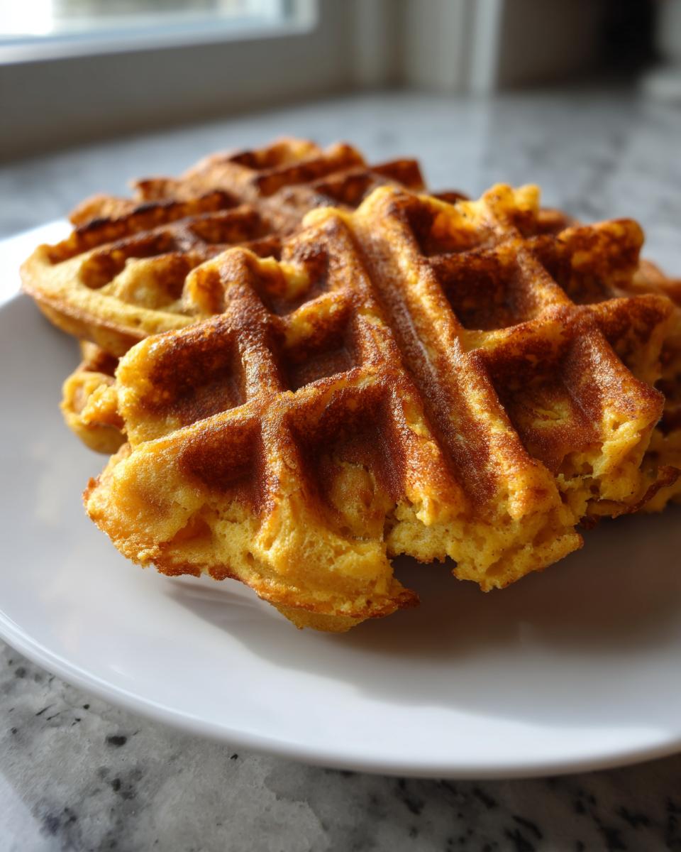 Close-up of golden brown cottage cheese waffles low carb stacked on a white plate near a window.