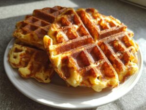 A stack of golden brown cottage cheese waffles low carb piled on a white plate, catching bright sunlight.