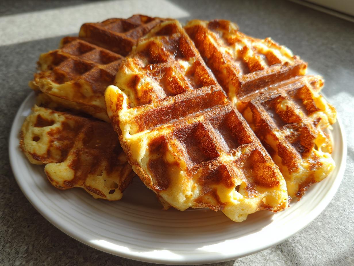 A stack of golden brown cottage cheese waffles low carb piled on a white plate, catching bright sunlight.