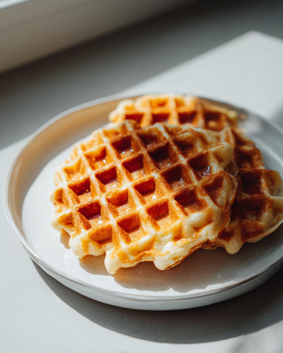Close-up of three golden brown cottage cheese waffles low carb drizzled with syrup on a light speckled plate.