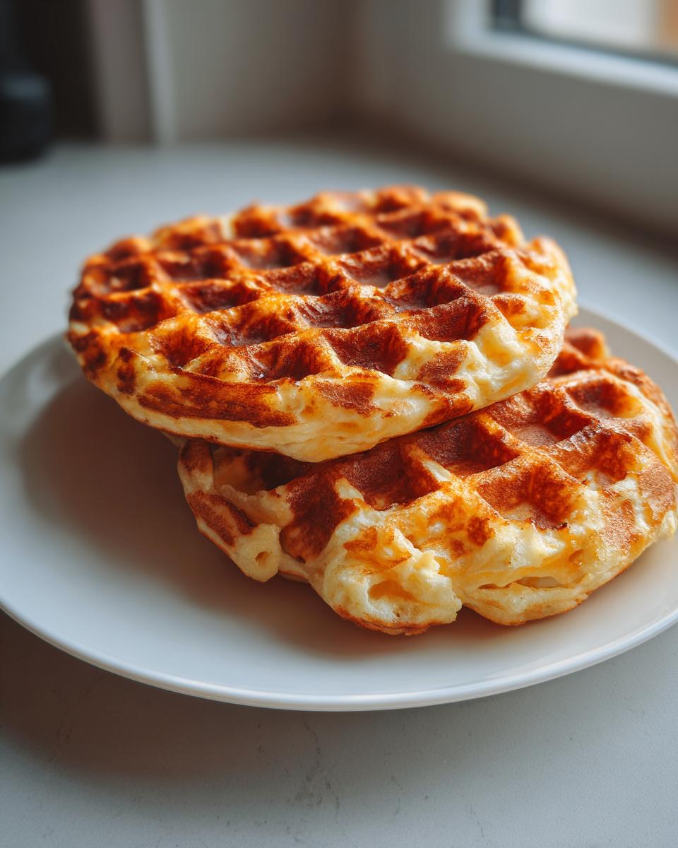 Two golden brown, fluffy cottage cheese waffles stacked on a white plate, ready to eat.